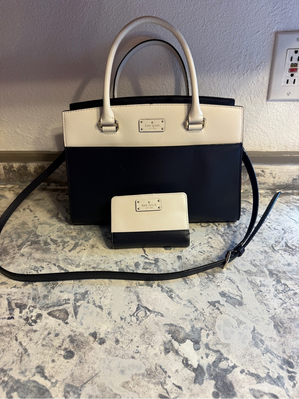 kate spade Two-Tone Dark Blue and White Leather Satchel with Wallet